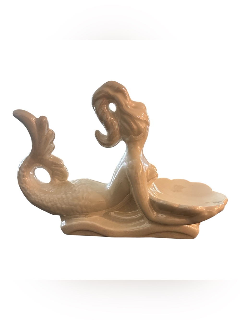 Vintage Iridescent Pearl Chalkware Mermaid Figurine Dish - Picture 2 of 2